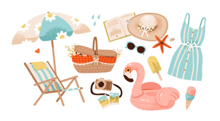 Summer vacation scene with tropical elements, beach umbrella, flamingo, and ice cream. each trip...