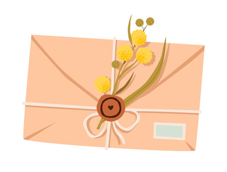 Romantic flat vector illustration of an envelope with botanical flower. Vintage colors, delicate mood. Envelope with floral decorationのイラスト素材