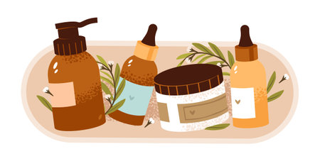 Makeup and skincare products. Cream and serum for facial care. Beauty cosmetology concept. Flat vector illustration setのイラスト素材