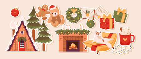Cozy flat vector illustration of a Christmas fireplace with gifts, tree, and teddy bear. Perfect for festive stickers, holiday cards, and warm winter designsのイラスト素材