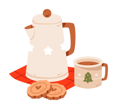Cozy Christmas illustration with hot chocolate, gingerbread cookies, and holiday vibes. Flat vector set featuring mugs of cocoa, teapots, and homemade Christmas treatsのイラスト素材