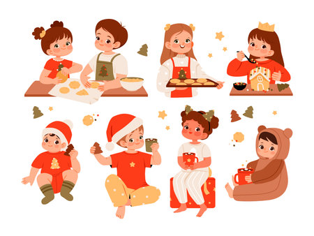 Kids baking Christmas cookies, decorating gingerbread houses, and drinking hot cocoa in festive outfits and cozy pajamas. Cute children enjoying Christmas cookies and cocoa. Flat vector illustration setのイラスト素材