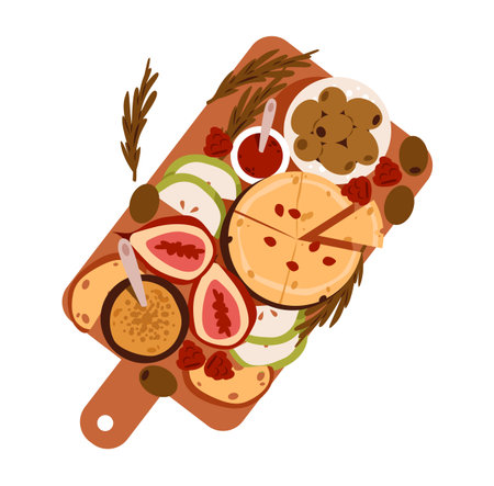 Charcuterie board with cheese, figs, and olives. Vector illustration of a healthy food on a wooden trayのイラスト素材