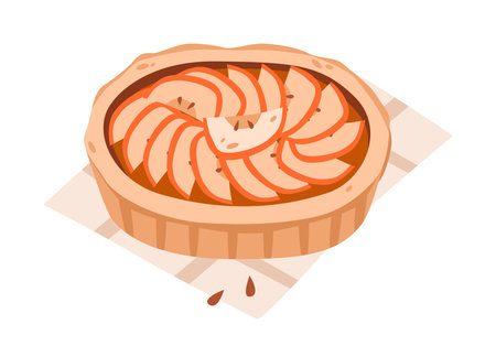 Apple tart with sliced fruit. Homemade baked goods with apples. Flat illustration of perfect for autumn baking or dessert themesのイラスト素材