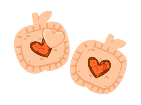 Cute hand apple pies, filled with jam and heart cutouts, perfect for fall baking or Valentine themes. Flat vector illustrationのイラスト素材