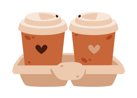 Takeaway coffee cups. Illustration of to go coffee cups with heart in a cardboard tray, perfect for cozy, romantic, or cafe themed visualsのイラスト素材