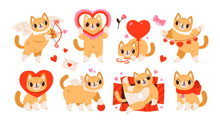 Valentine cat with heart and cupid elements. Playful Valentine kitten cartoon with heart, wings, and bow. Perfect for Valentine greeting cards, kids designs, and romantic stickersのイラスト素材