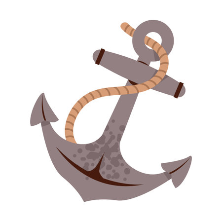 Flat illustration of a vintage metal anchor with rope wrapped around it, perfect for marine, nautical, and sea themed designsのイラスト素材