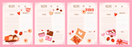 Valentine Recipe Card Templates with hearts, chocolates, strawberries, and desserts, ideal for romantic cooking notes and gift recipesのイラスト素材