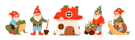 Garden gnomes with a frog, snail, tools, and a mushroom house. Cute fairy tale characters. Garden elf. Cartoon flat vector illustrationのイラスト素材