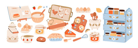 Vintage cottagecore baking set with homemade dessert ingredients and sweet pastry tools. Rustic farmhouse kitchenware with pie, cake, and fhoney. Ideal for spring recipe and cookbookのイラスト素材