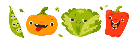 Cute Cartoon Vegetables with Funny Faces. Smiling vegetable characters for kids. Healthy food concept promoting nutrition, organic farming, and food educationのイラスト素材