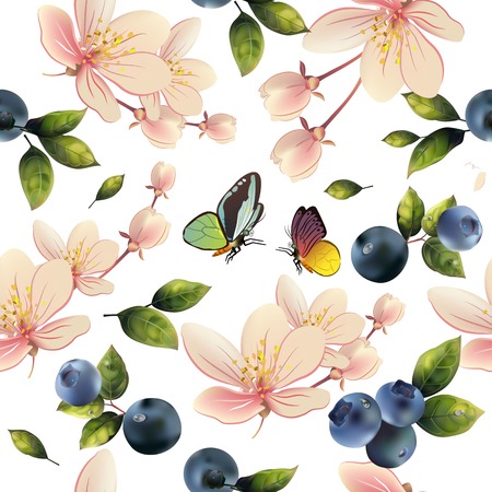 Seamless background with flowers and berriesのイラスト素材