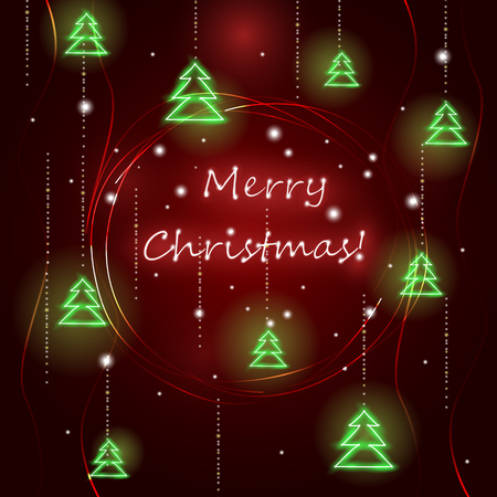 Neon New Year banner with text on a red background and glowing festive Christmas trees. Vector illustration.のイラスト素材