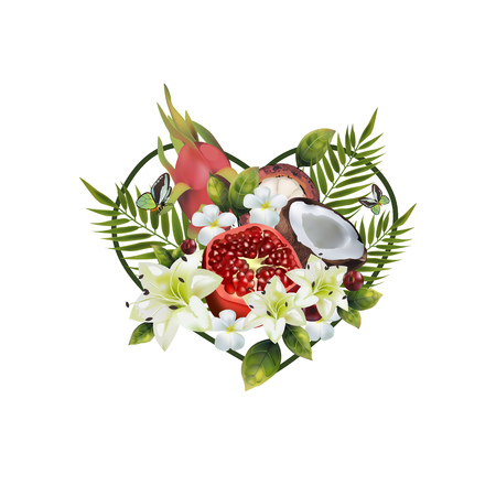 Pattern of fruit and flowers in the shape of a heart. Image of coconut, pitahai, pomegranate, fig, mangosteen, cherry, palm leaves and flowers in the shape of a heart.のイラスト素材