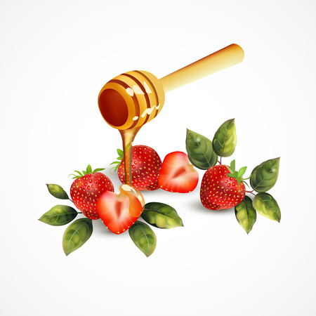 Image of realistic strawberry with honey on a white background. An image of strawberries with leaves. Image of a spoon with honey.のイラスト素材