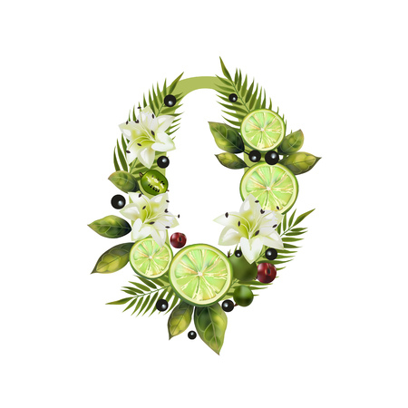 Digit Zero of realistic lime and flowers on a white background. The figure is decorated with lilies, palm leaves and cherriesのイラスト素材