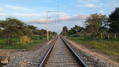 Railway tracks in the countryside of Sri Lanka. The railway goes into the distance.の写真素材