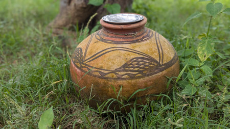 Old clay pot on the grass in the garden with natural background.の写真素材