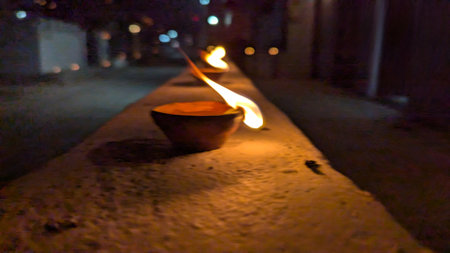 Diwali diya lit in the streets of Bali, Indonesia
