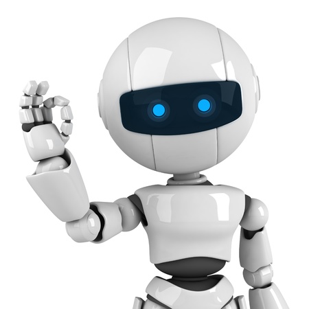 Funny white robot stay and sign okの写真素材