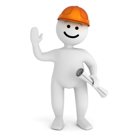Funny smile character with blueprint and hard hatの写真素材