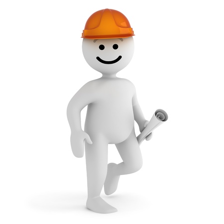 Funny smile character with blueprint and hard hatの写真素材
