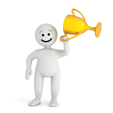 Funny smile character stay with gold trophy の写真素材