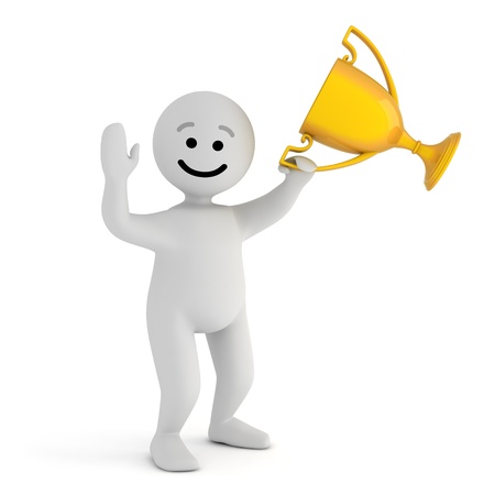 Funny smile character stay with gold trophy の写真素材