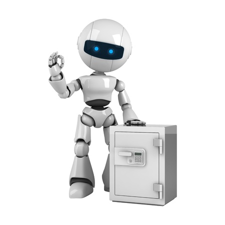 Funny white robot stay with safe の写真素材