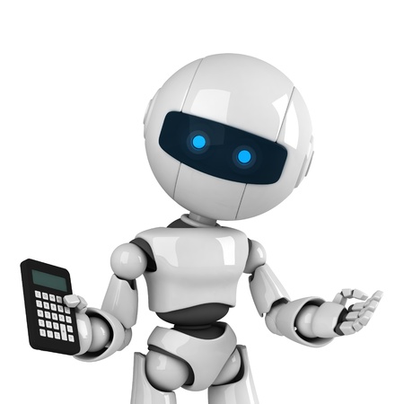 Funny white robot stay with calculator の写真素材