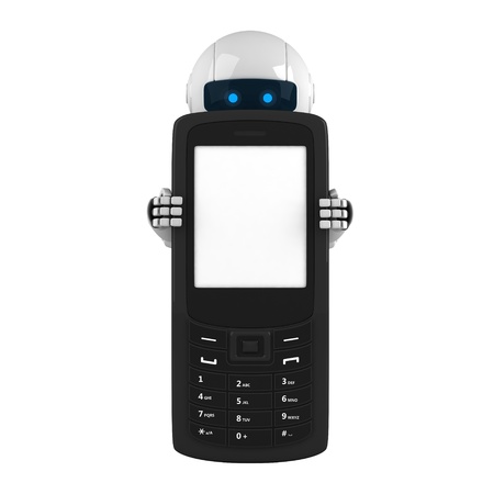 Funny robot stay with mobile phone の写真素材