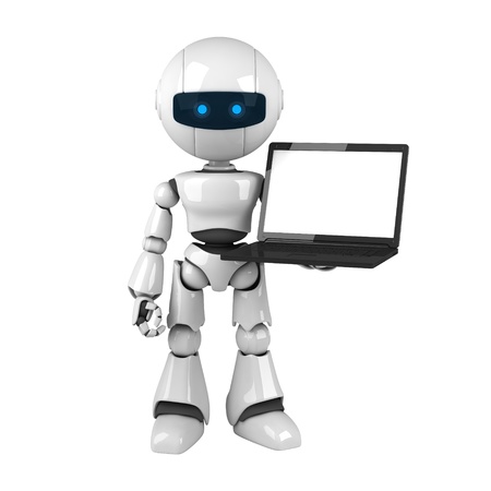 Funny robot stay and hold notebookの写真素材