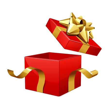 Vector open red gift box with glossy gold bowのイラスト素材