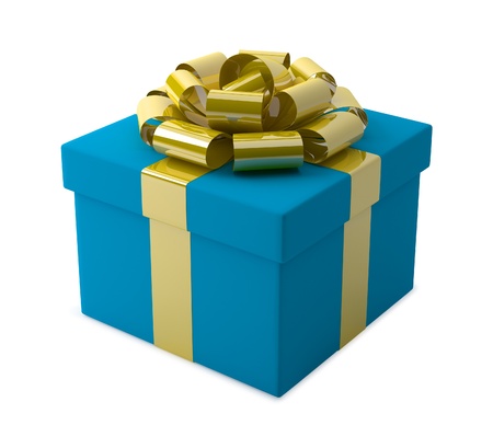 Blue gift box with golden ribbon isolated on white illustrationの写真素材