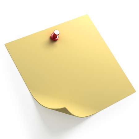 Note paper with push pin isolated on white