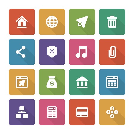 Flat icons vector set and long shadow effect for web design, infographics, ui and mobile apps. Objects, business, office, communication and marketing itemsのイラスト素材