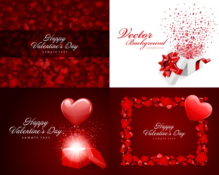 Set Happy Valentines Day greetings cards vector background design. Valentine's day wishes, hearts, love symbols, bokeh light and gifts.のイラスト素材