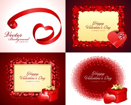 Set Happy Valentines Day greetings cards vector background design. Valentine's day wishes, hearts, love symbols, bokeh light and gifts.のイラスト素材