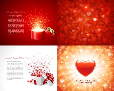 Set Happy Valentines Day greetings cards vector background design. Valentine's day wishes, hearts, love symbols, bokeh light and gifts.のイラスト素材
