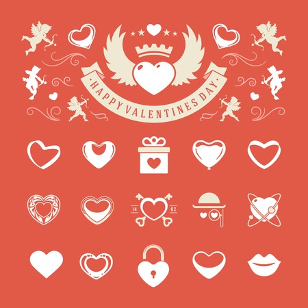 Valentines Day and Wedding Vintage Objects Vector and symbols Set: Hearts, Love Labels, Arrow, flowers, ribbons and Icons. Vector design elementsのイラスト素材