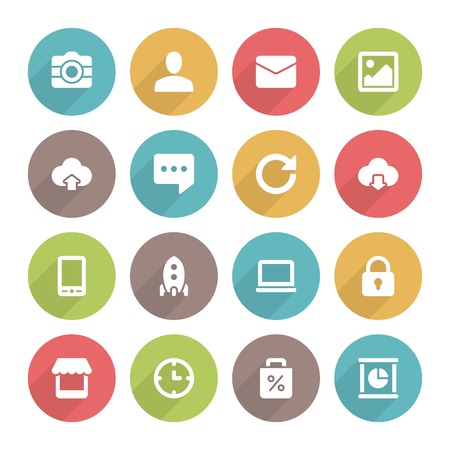Flat icons vector set and long shadow effect for web design, infographics, ui and mobile apps. Objects, business, office, communication and marketing itemsのイラスト素材