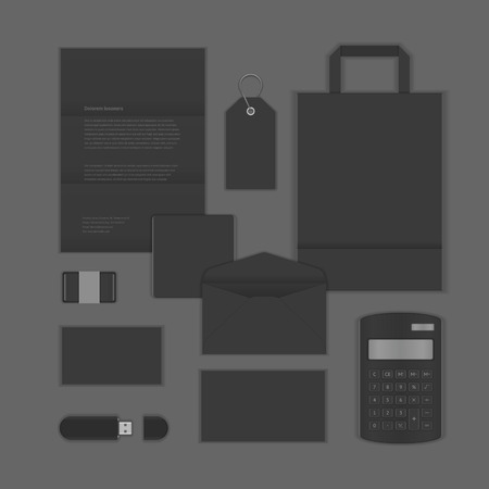Black Luxyry icon presentation corporate identity template Mock up design elements. Vector Business stationery objects, document, business card, package, shopping bag, badge, sale tag and other.のイラスト素材