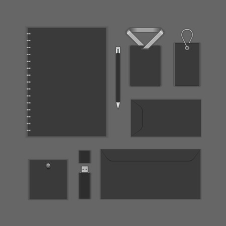 Black Luxyry icon presentation corporate identity template Mock up design elements. Vector Business stationery objects, document, business card, envelope, notepad, badge and other.のイラスト素材