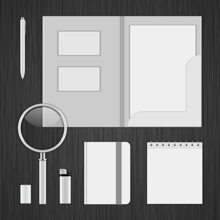White icon presentation corporate identity template Mock up design elements. Vector Business stationery objects, envelope, business card, folder, notepad, book and other.のイラスト素材
