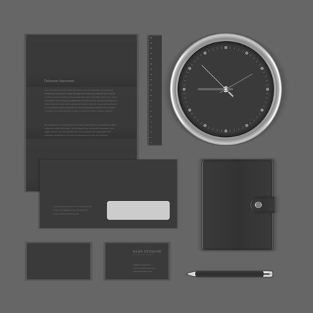 Black Luxury icon presentation corporate identity template Mock up design elements. Vector Business stationery objects, document, business card, envelope, purse, clock and other.のイラスト素材