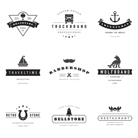 Retro Logotypes vector set. Vintage graphics design elements for logos, identity, labels, badges, ribbons, arrows and other objects.のイラスト素材