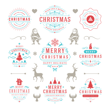 Merry Christmas And Happy New Year Wishes Typographic Labels and Badges set, Vintage decorations, objects, symbols and elements, vector illustrationのイラスト素材
