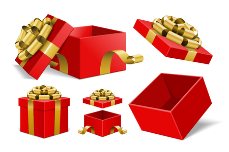 Red Gift Boxes and with golden bow ribbon vector design elements set isolated on white background.のイラスト素材