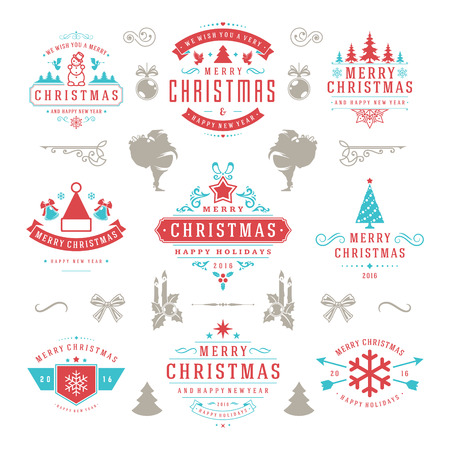 Merry Christmas And Happy New Year Wishes Typographic Labels and Badges set, Vintage decorations, objects, symbols and elements, vector illustrationのイラスト素材